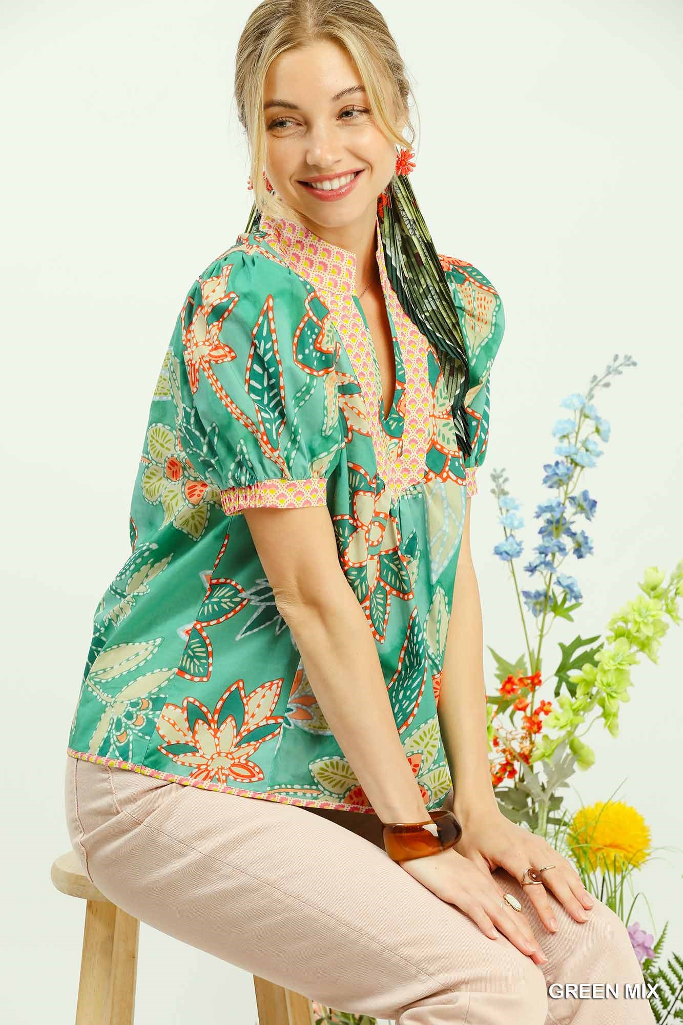 Mixed Abstract Print Puff Sleeve Blouse, image 2