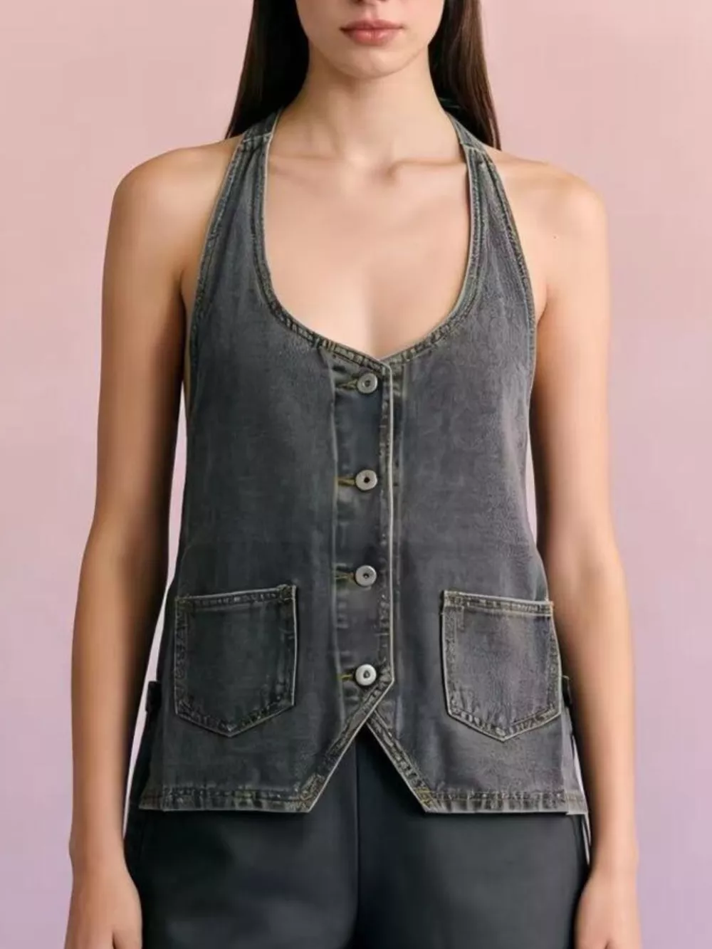 Halter Neck Button-Down Denim Vest, image 19