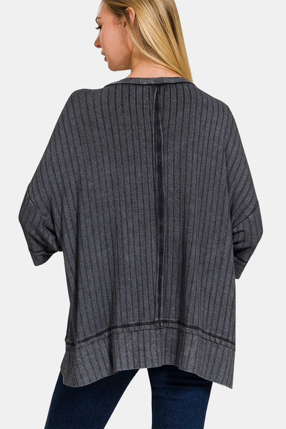 Washed Ribbed Drop Shoulder Half Sleeve Top, image 2