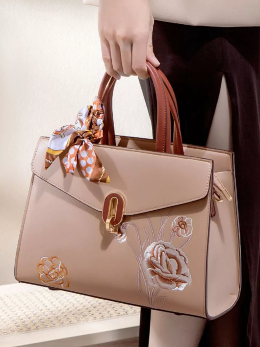 Floral Embroidered Top Handle Handbag, image 5