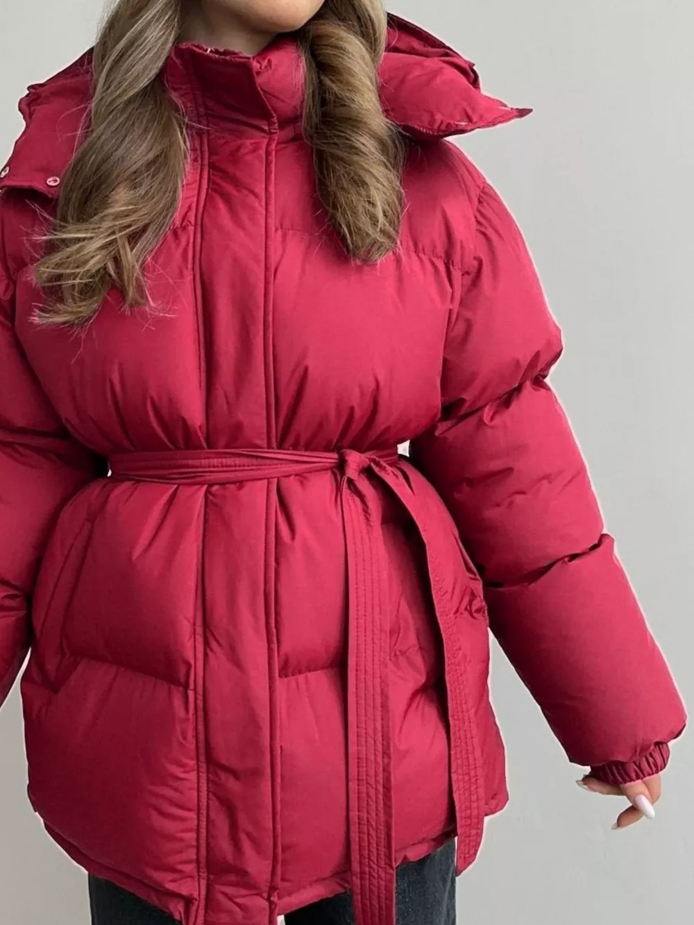 Mid-Length Thickened Hooded Winter Coat with Belted, image 14