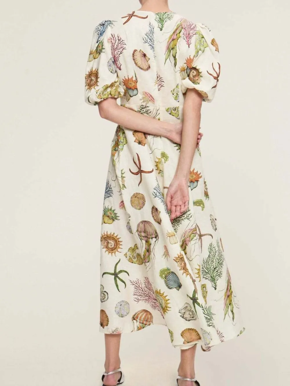 Printed Round Neck Puff Sleeve Dress, image 5