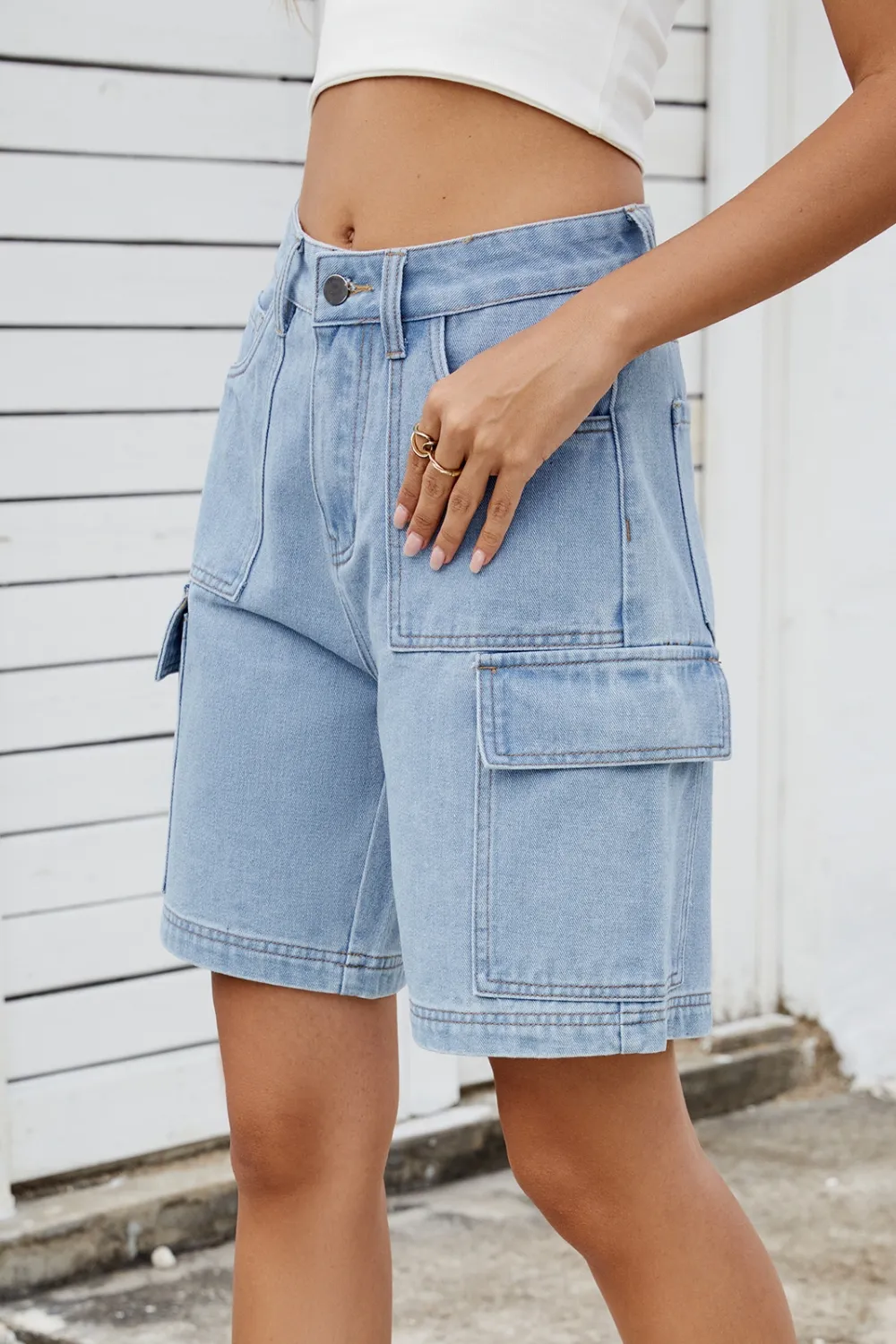 High Rise Denim Shorts with Cargo Pockets, image 13