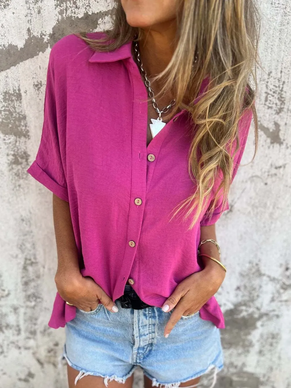 Full Size Collared Neck Half Sleeve Shirt Plus Size, image 15