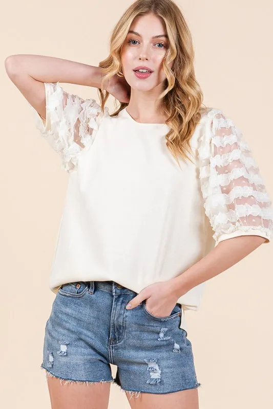 Full Size Lace Puff Sleeve Round Neck Top Plus Size, image 4
