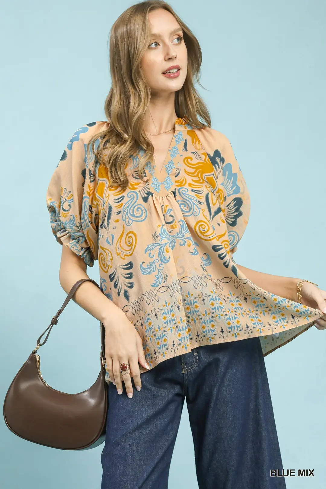 Border Print Puff Sleeve V-Neck Blouse