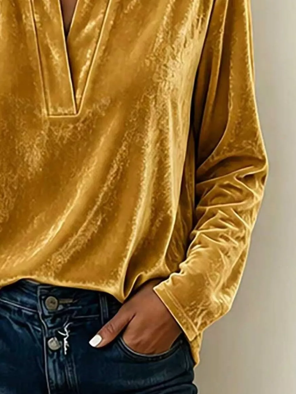 Full Size Velvet Notched Long Sleeve Blouse Plus Size, image 8