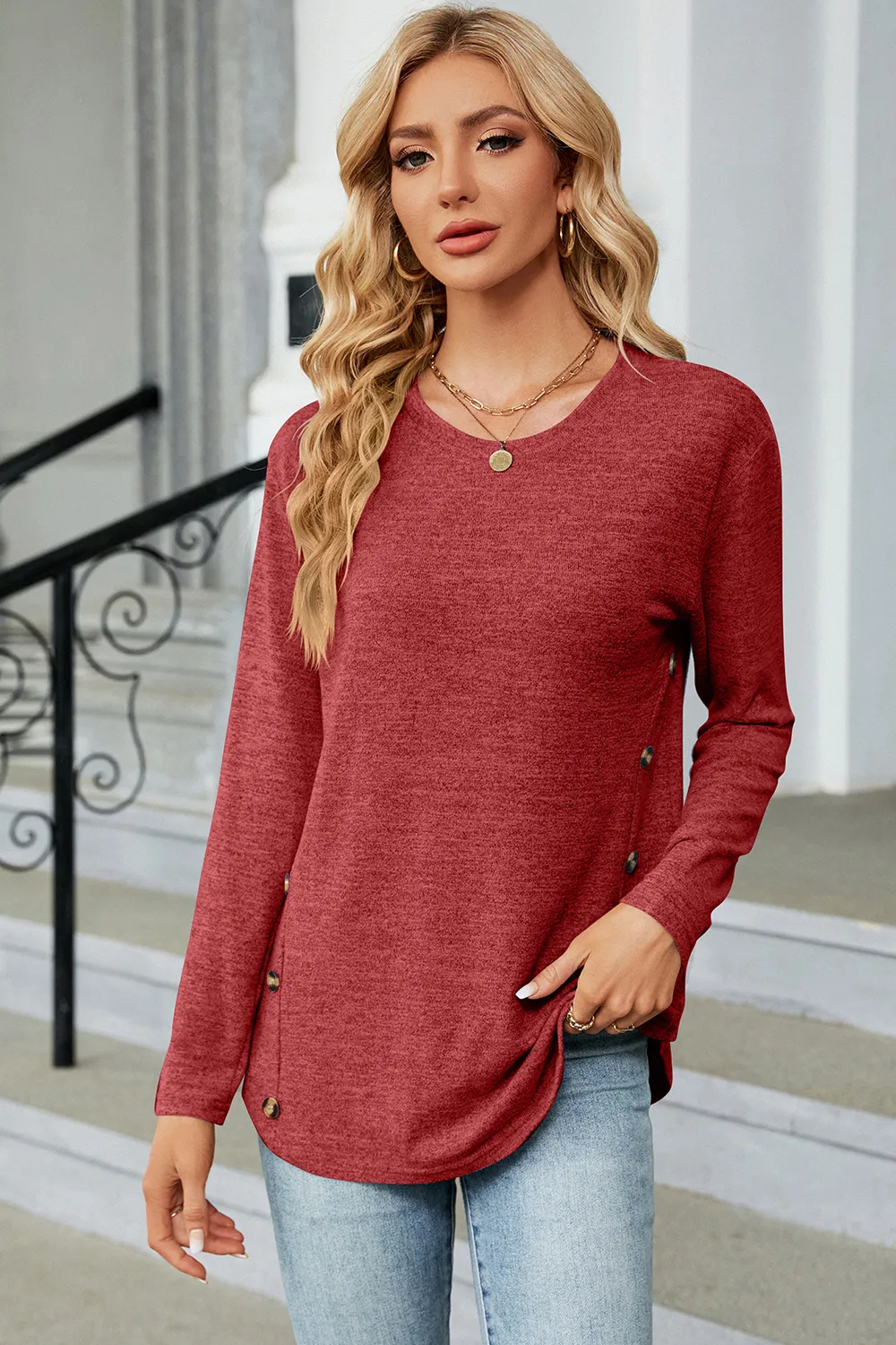 Decorative Button Round Neck T-Shirt, image 2