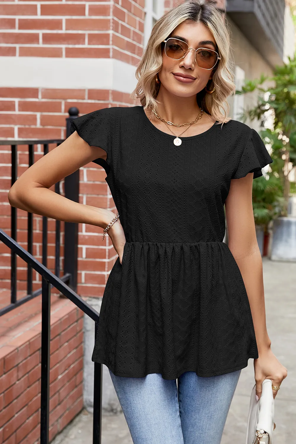 Tied Ruffled Round Neck Peplum T-Shirt, image 7