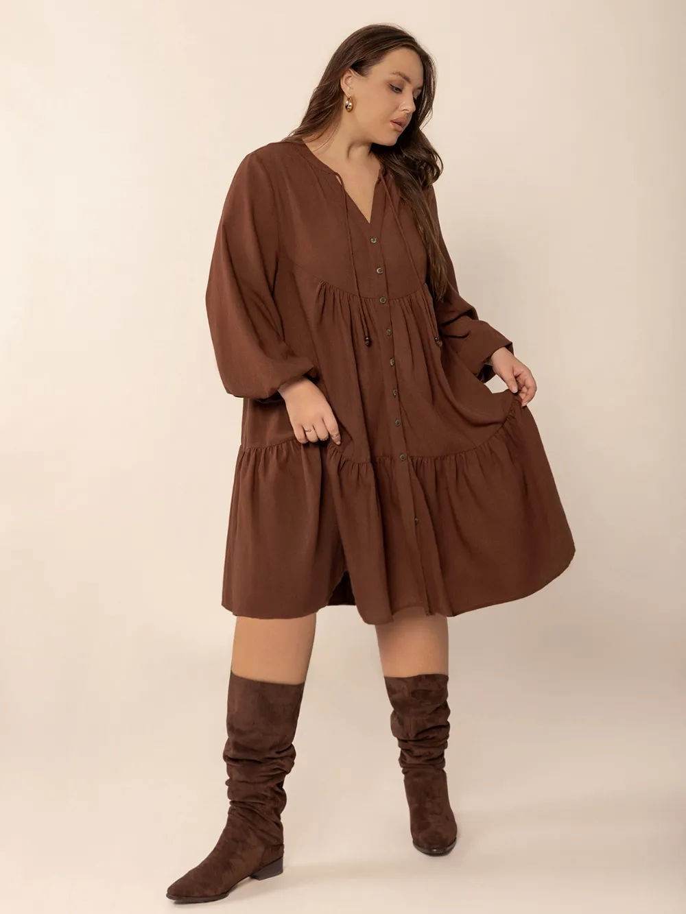 Plus Size Tie Neck Balloon Sleeve Tiered Dress, image 7