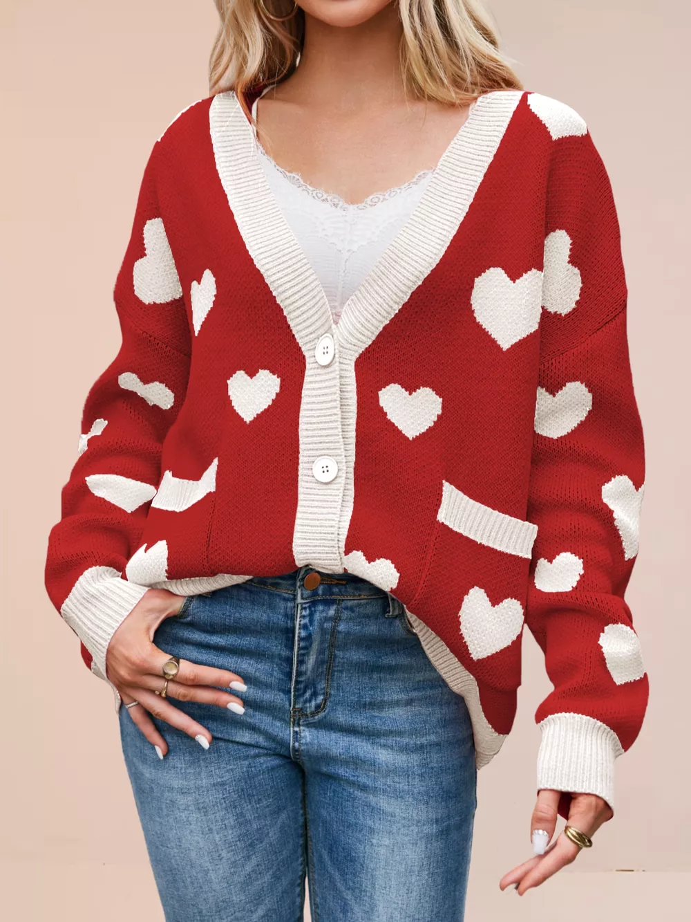 Heart Pattern Button-Up Knit Cardigan, image 12