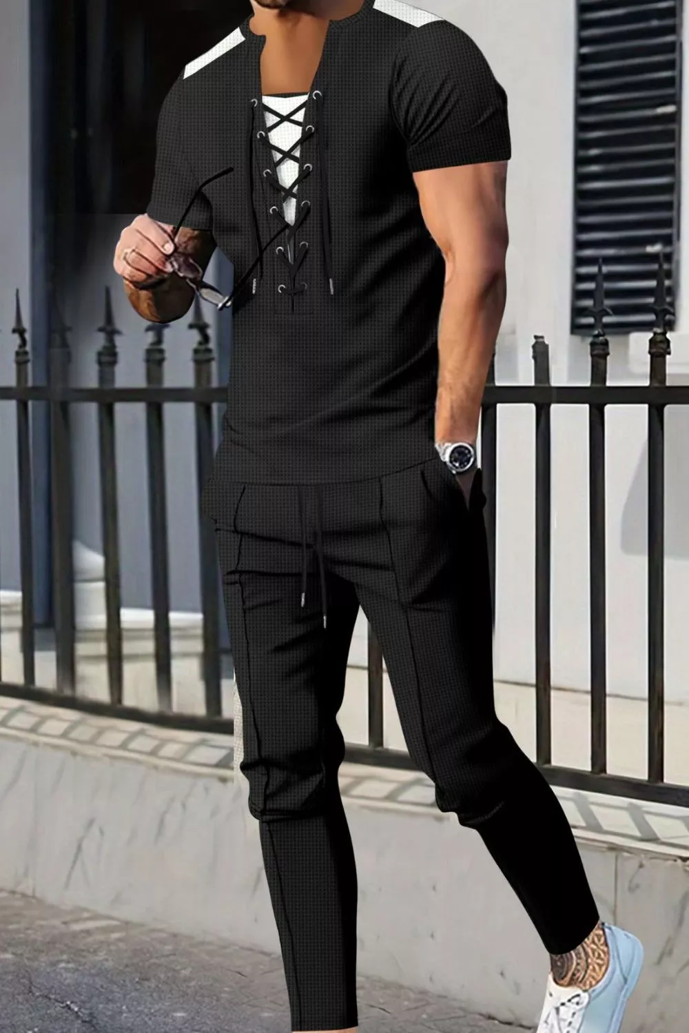 Men's Full Size Lace-Up Front Top and Pants Casual Set Plus Size, image 3