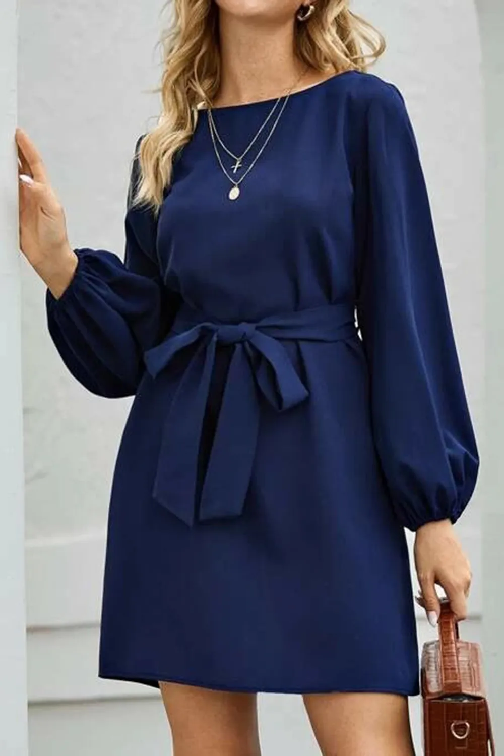 Tied Boat Neck Balloon Sleeve Mini Dress, image 25