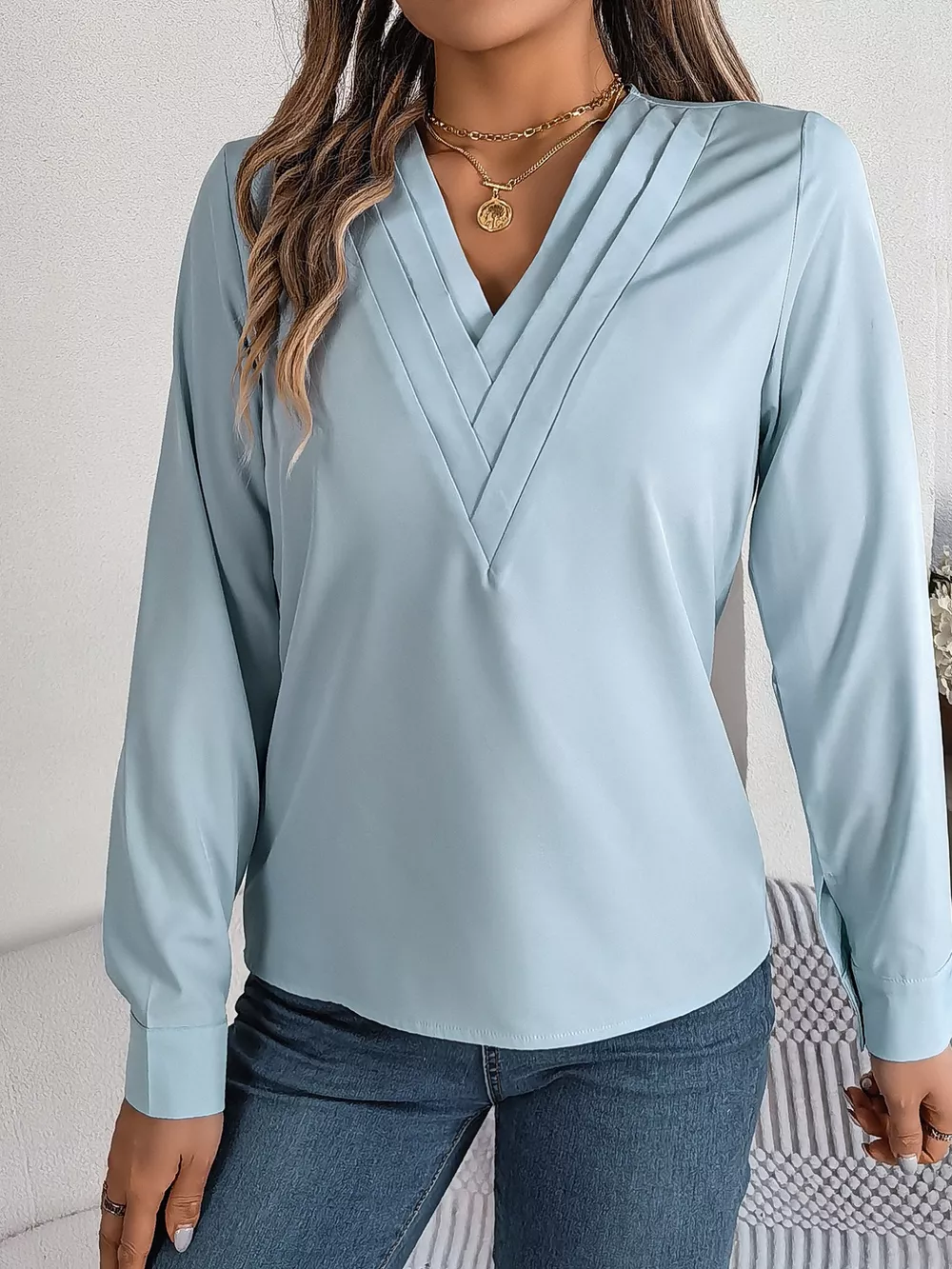 Layered V-Neck Long Sleeve Blouse, image 7