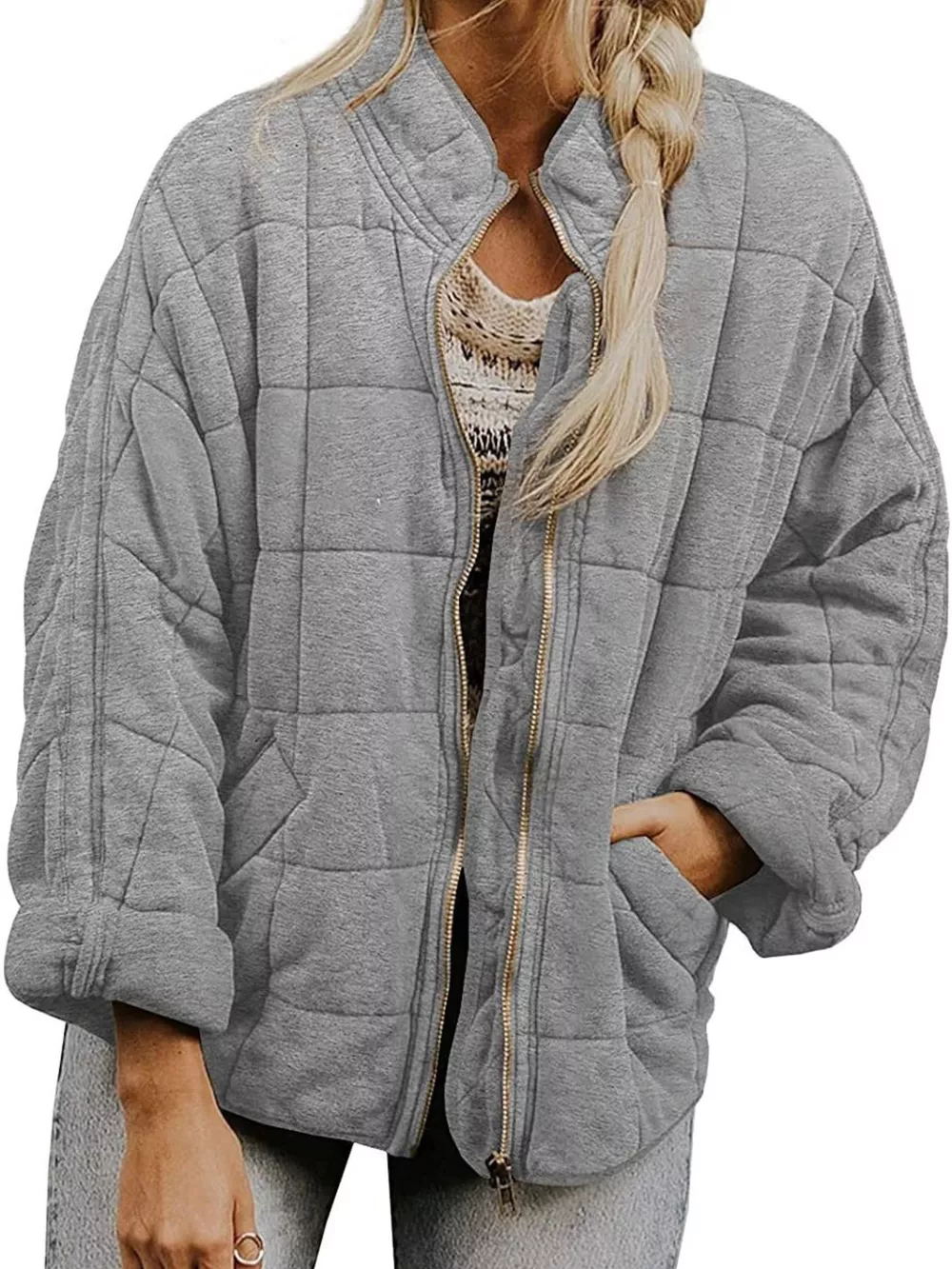 Full Size Zip Up Quilted Bomber Jacket Plus Size, image 13
