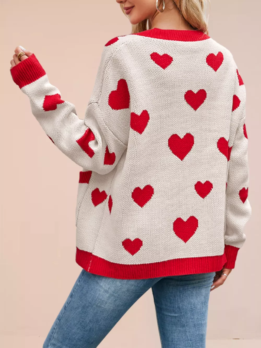 Heart Pattern Button-Up Knit Cardigan, image 7