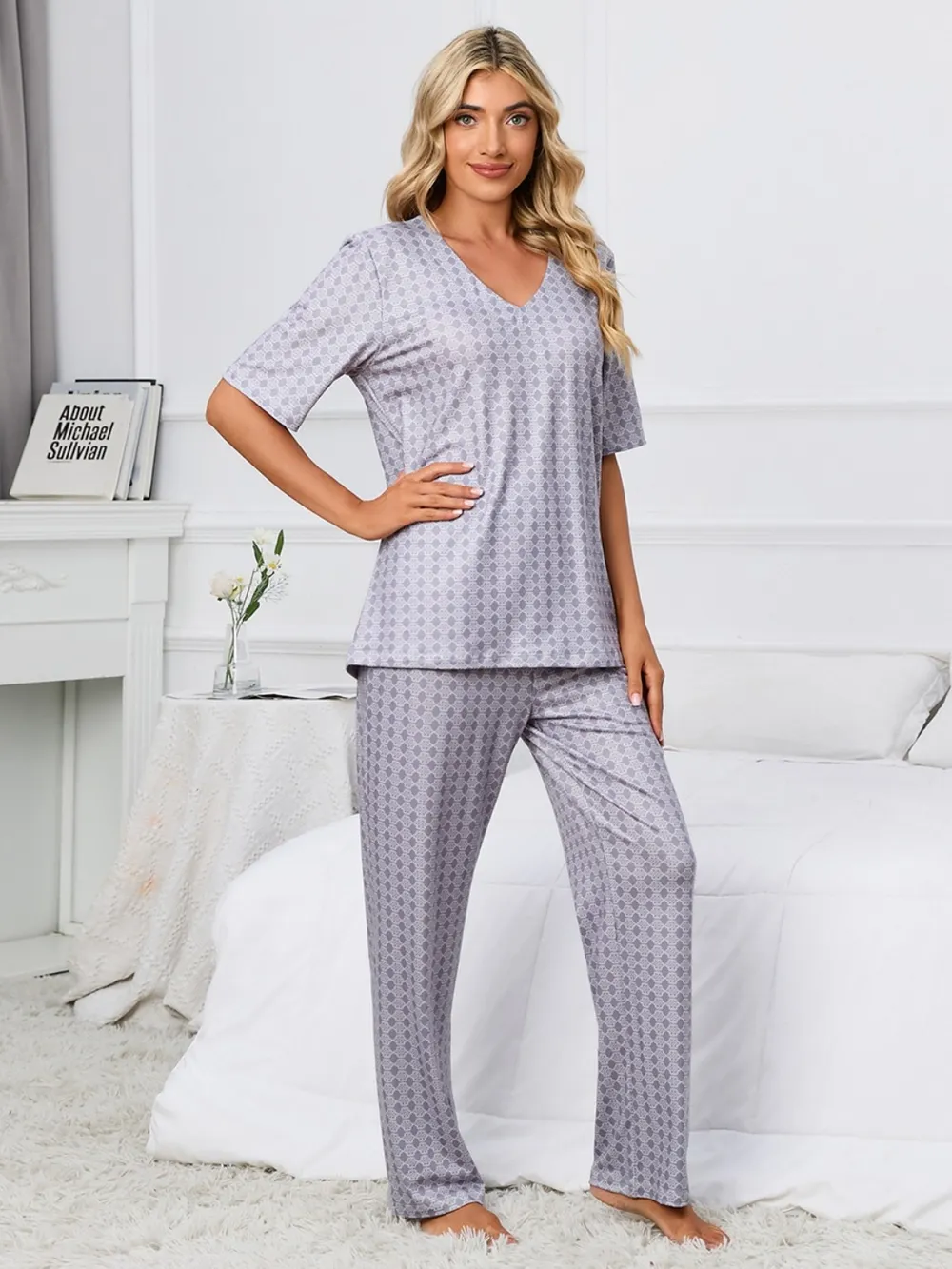 Printed V-Neck Top and Pants Lounge Set, image 3