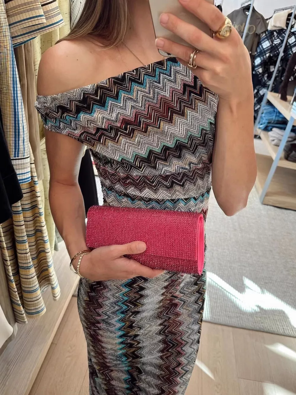 One-Shoulder Zigzag Knit Maxi Dress, image 3
