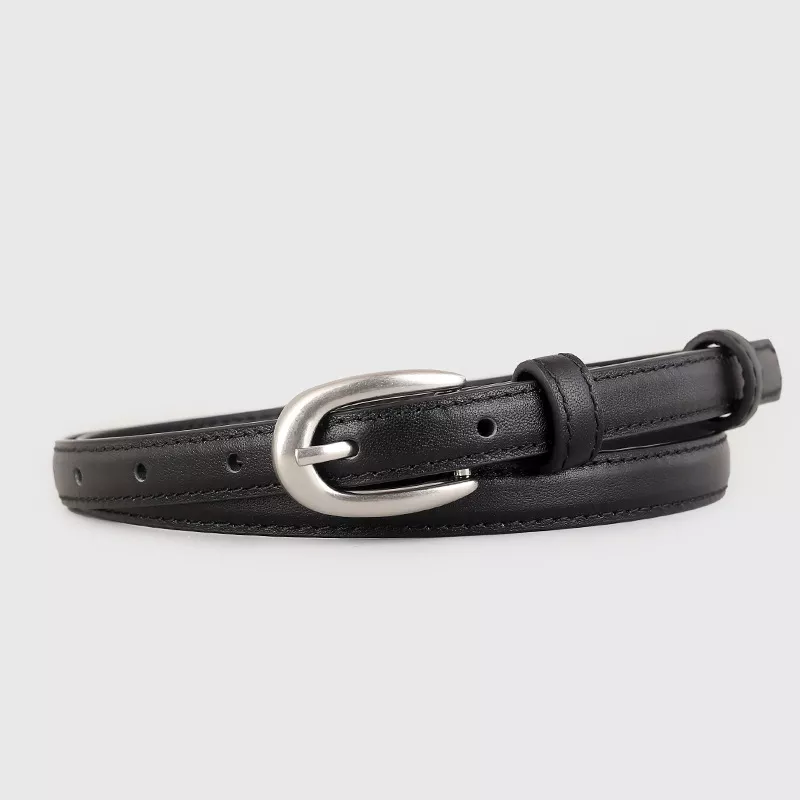 Leather Skinny Belt with Silver Buckle
