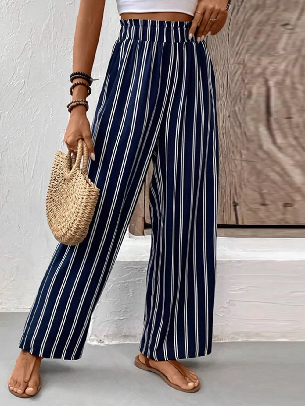 Striped Wide-Leg Pants with Elastic Waistband, image 4