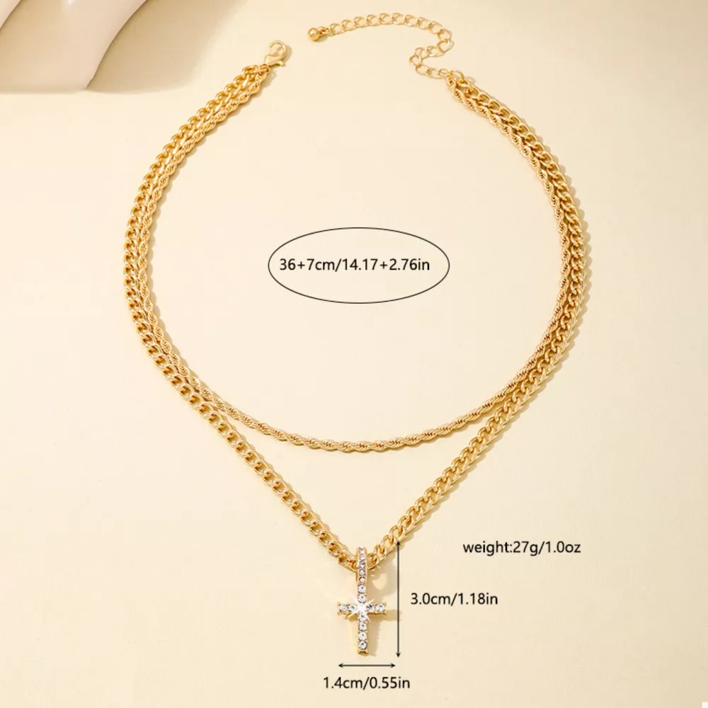 Layered Gold Chain Cross Pendant Necklace, image 6