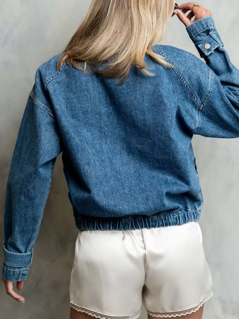 Half-Zip Turtleneck Denim Top, image 5