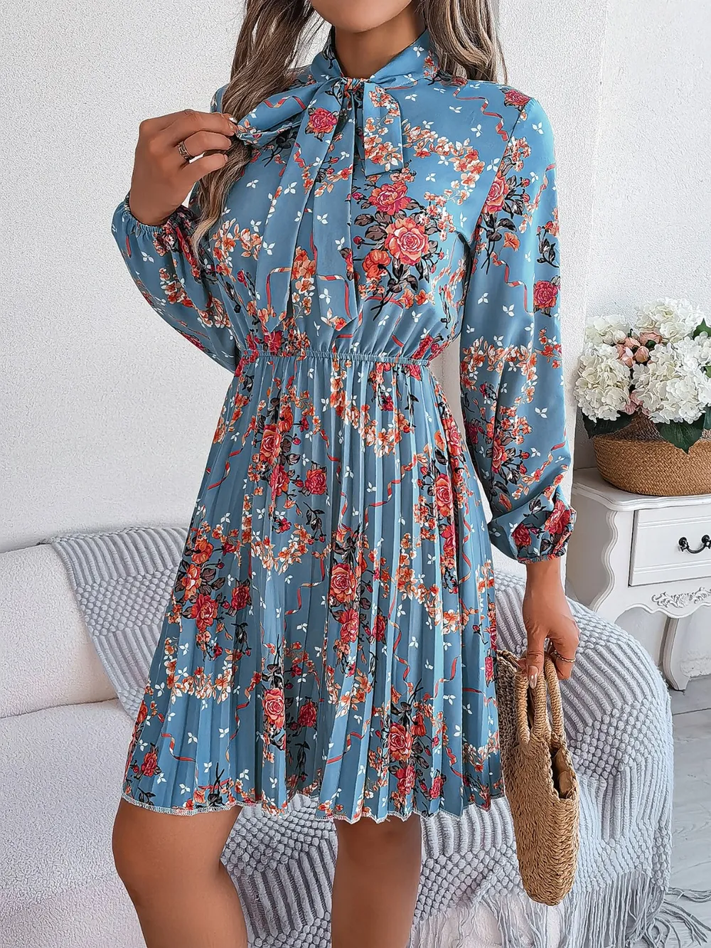 Pleated Printed Tie Neck Long Sleeve Dress, image 15