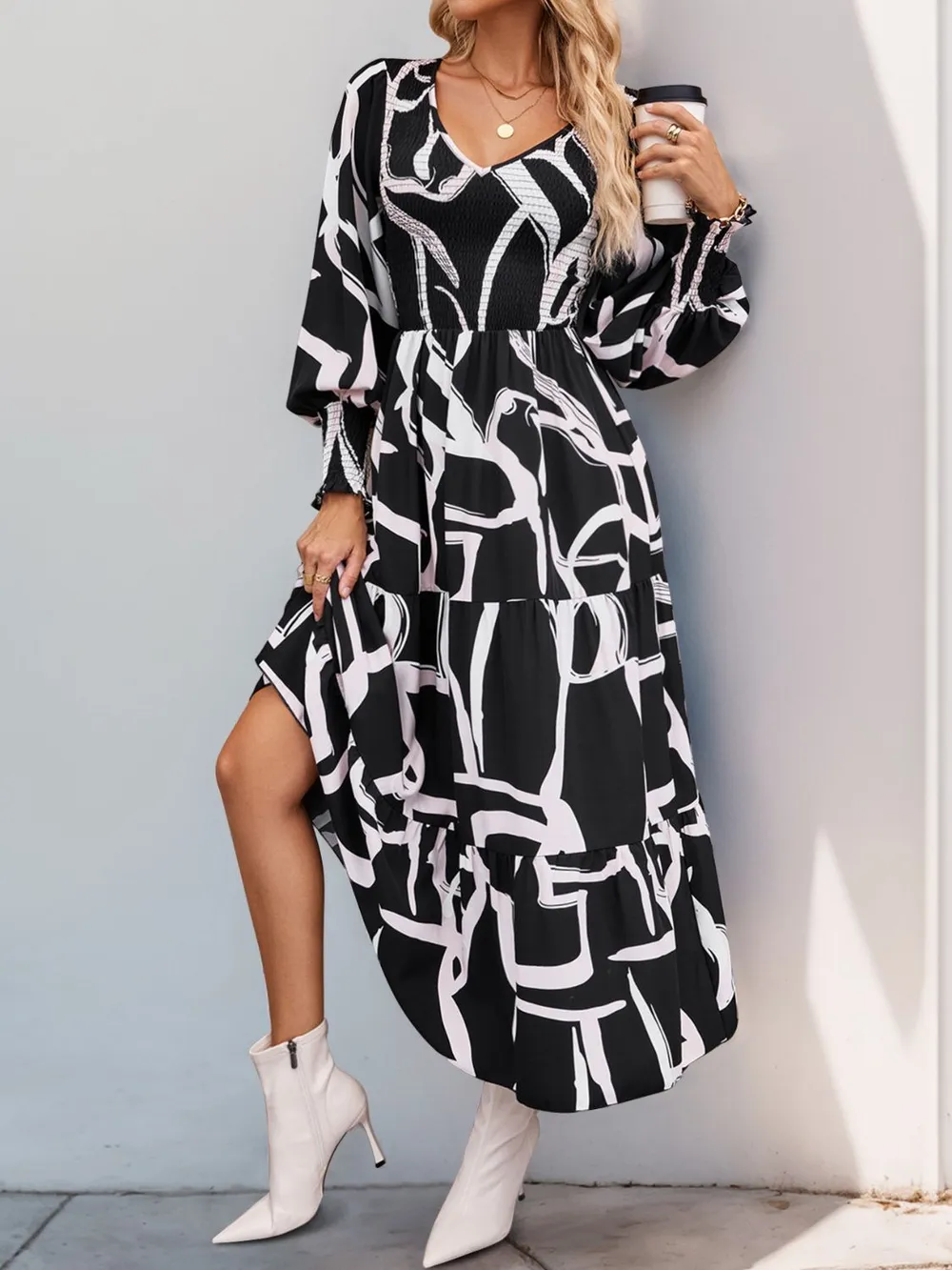 Smocked Printed Long Sleeve Midi Dress, image 4