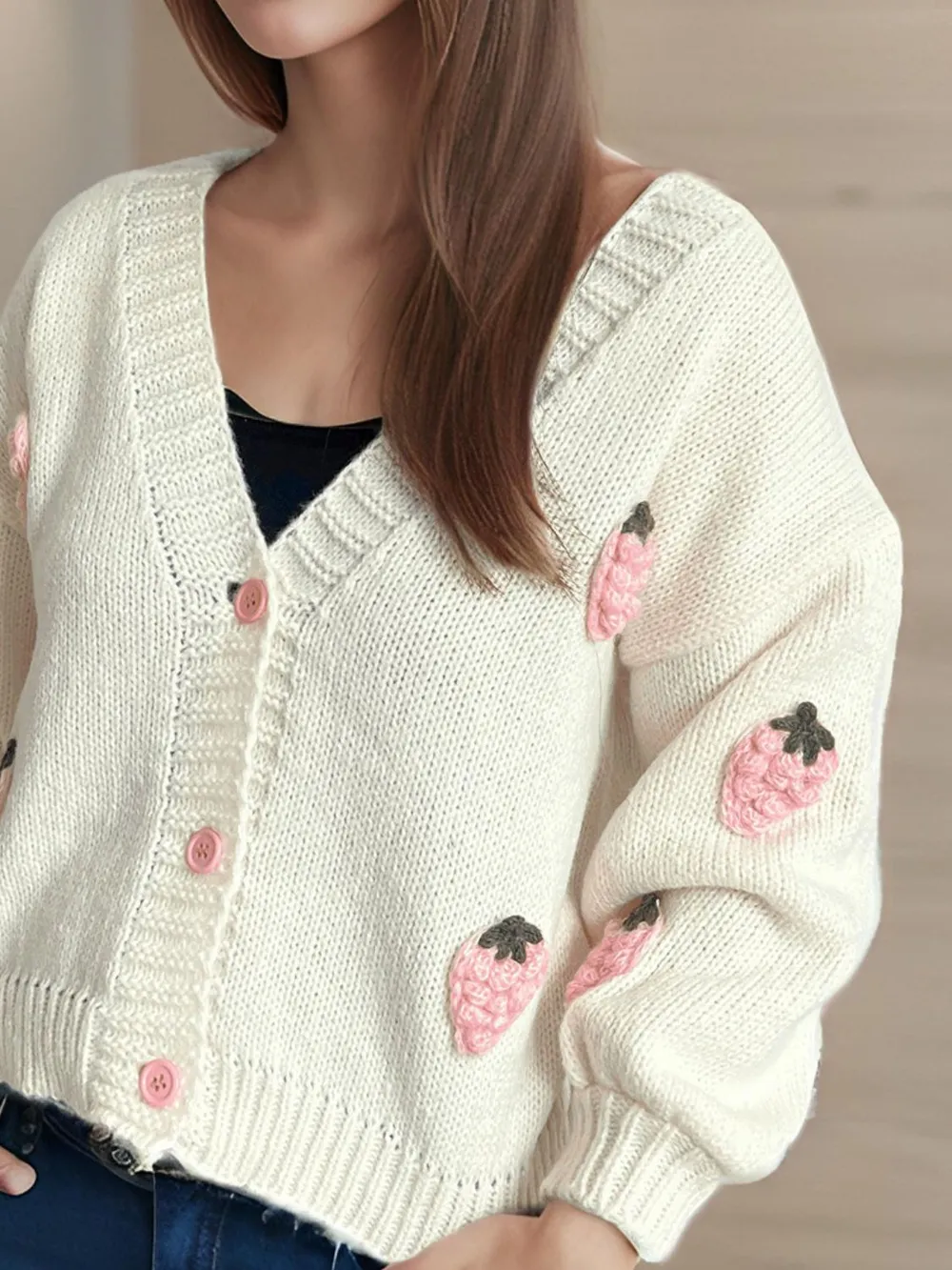 Crochet Strawberry V-Neck Long Sleeve Cardigan, image 7