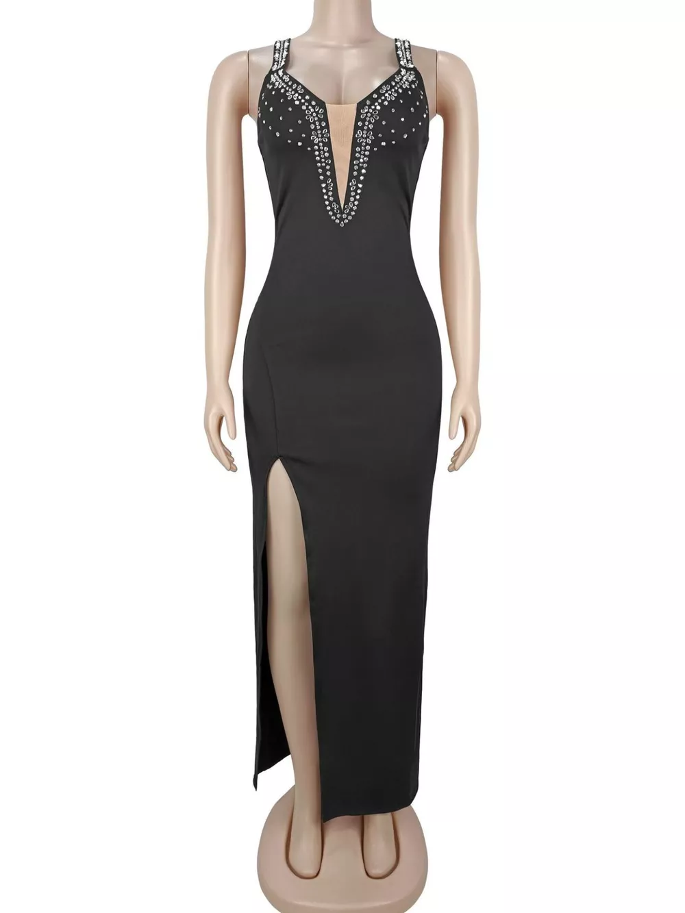Rhinestone Cutout Back High Slit Maxi Dress, image 9