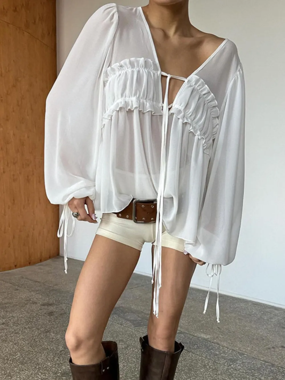 Ruffled Tie Front Long Sleeve Blouse, image 5