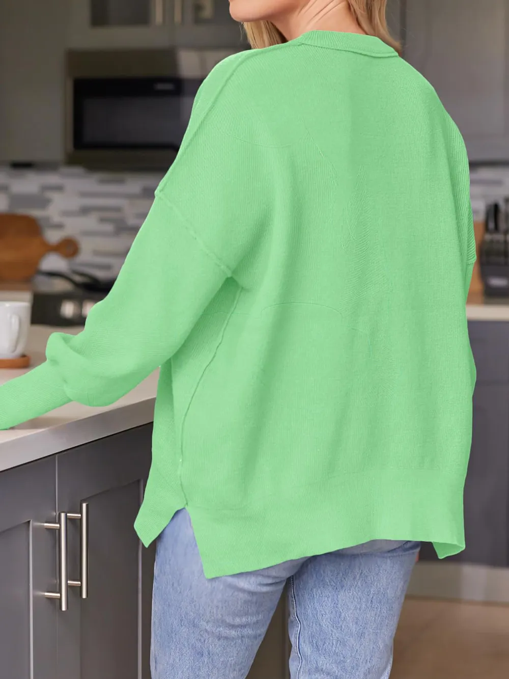 Slit Round Neck Dropped Shoulder Sweater, image 25