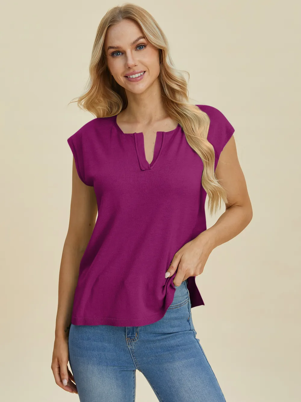 Full Size Notched Cap Sleeve Knit Top, image 10