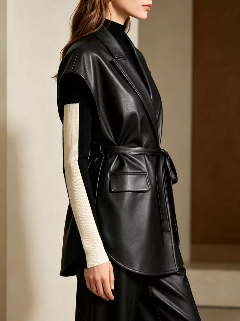 Sleek Faux Leather Belted Vest Coat, image 2