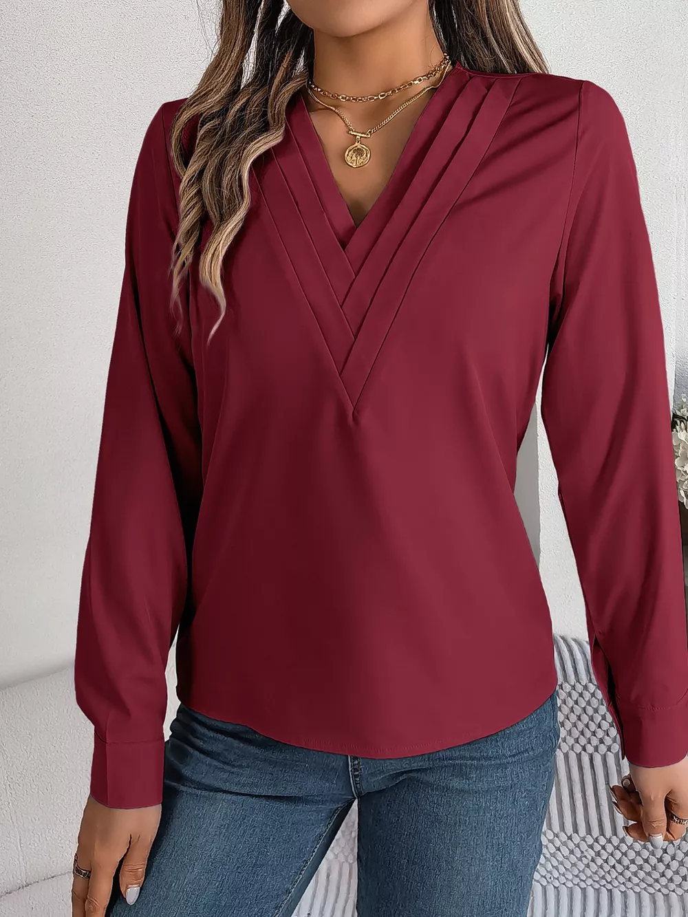 Layered V-Neck Long Sleeve Blouse, image 24