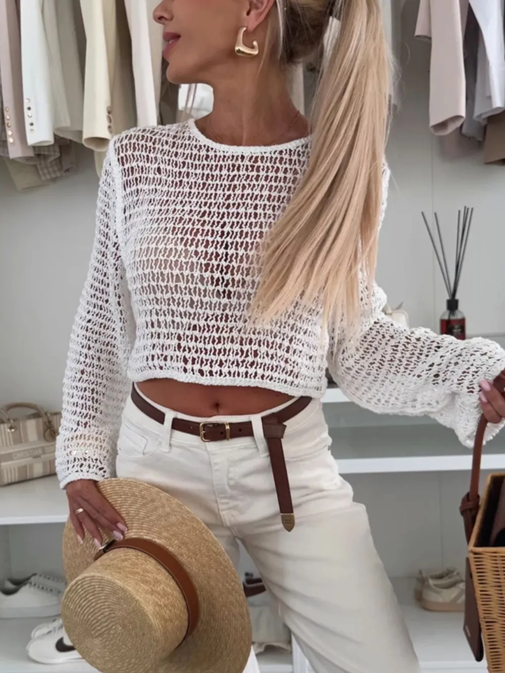 Openwork Round Neck Knit Cover Up, image 9