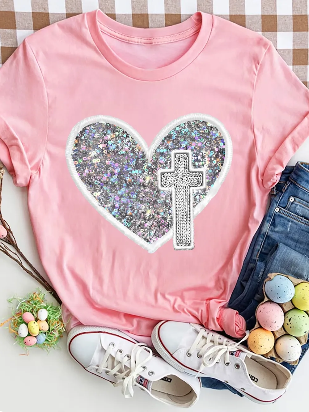 Graphic Heart Round Neck Short Sleeve T-Shirt, image 7