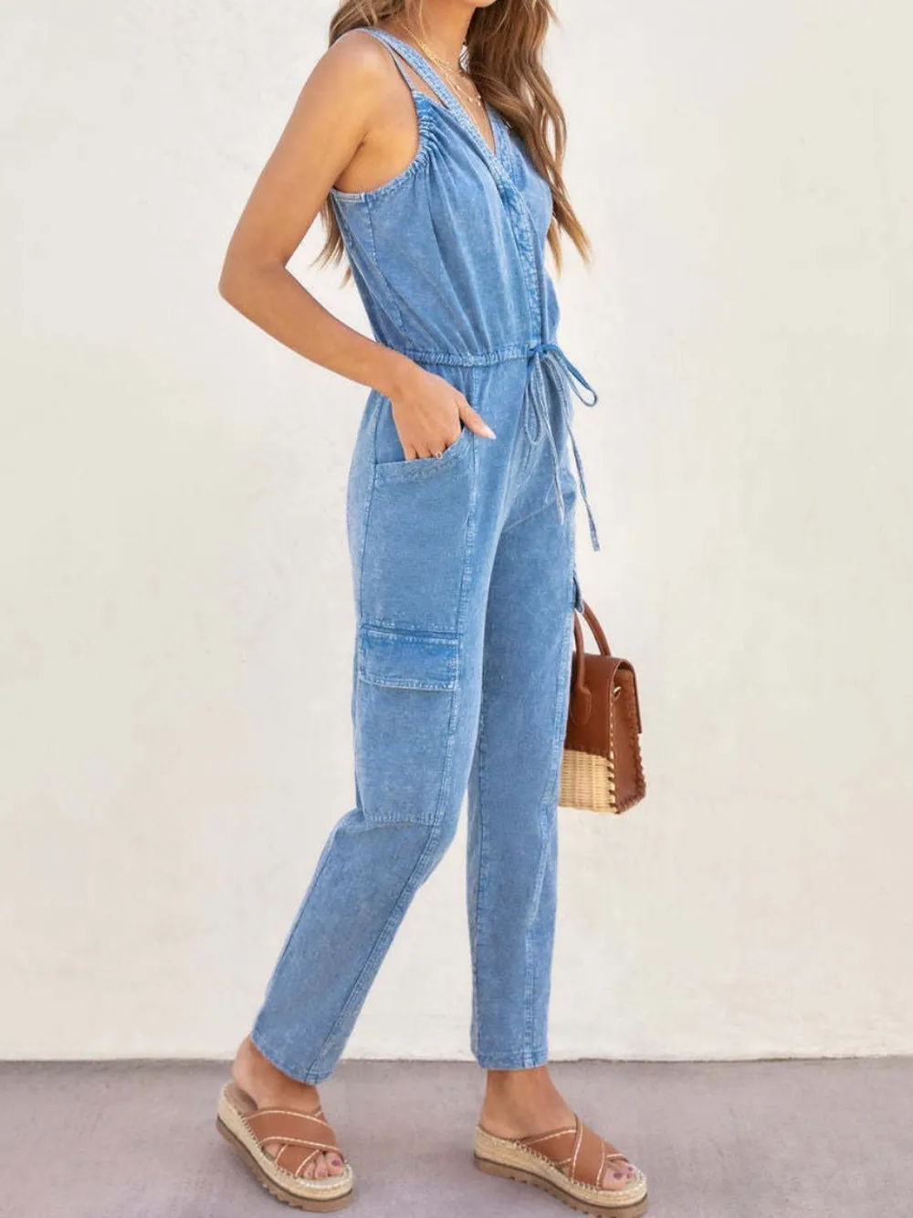 V-Neck Sleeveless Denim Jumpsuit, image 6