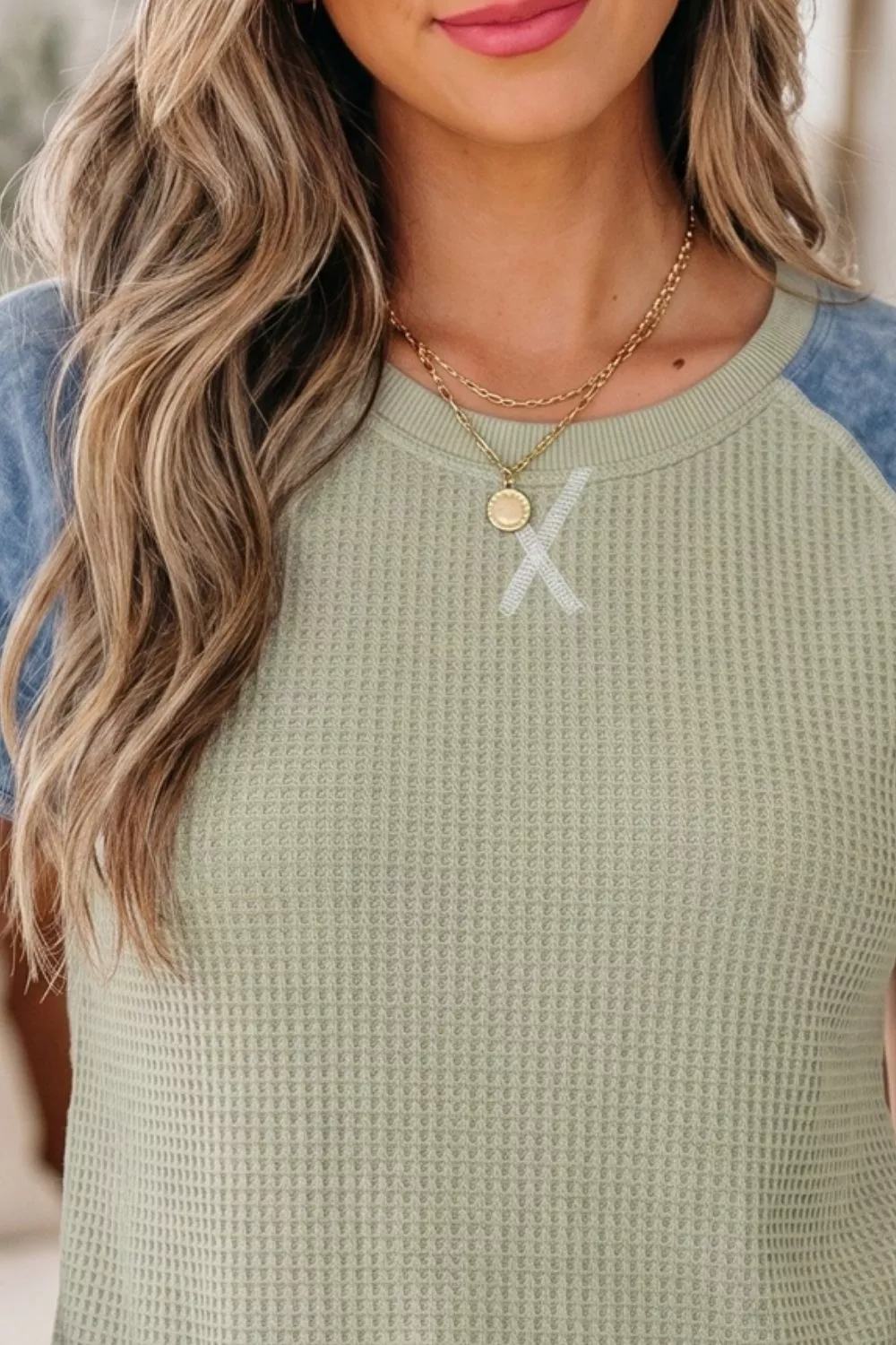 Waffle Knit Seam Detail Color Block Patchwork Short Sleeve Top, image 3