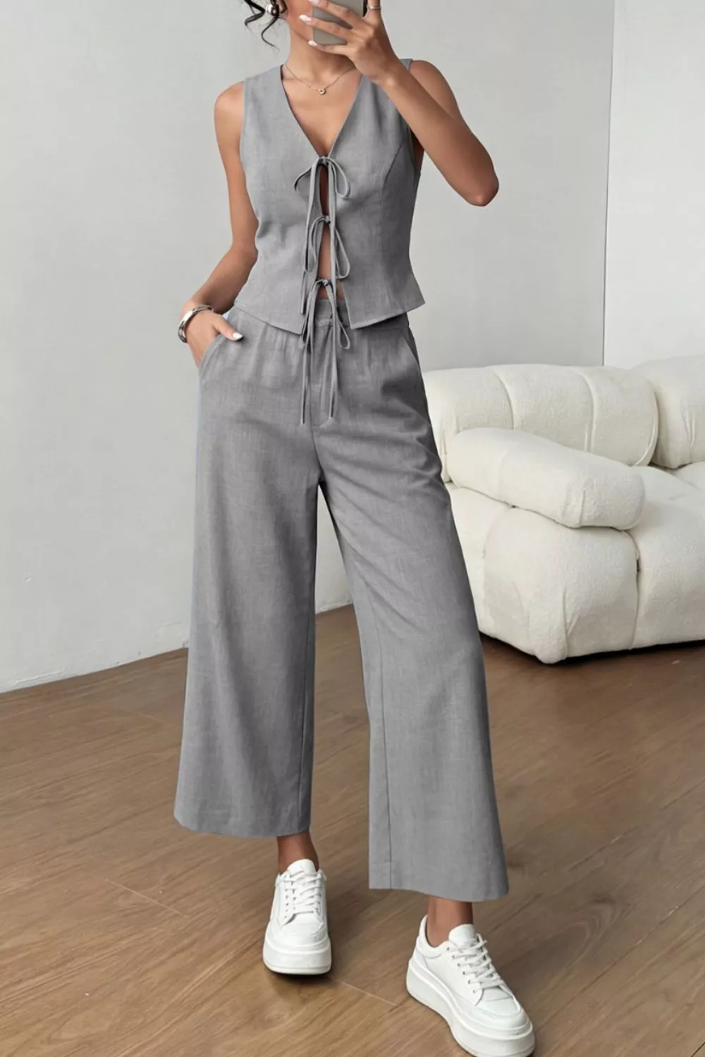 Tie Front Vest and Wide Leg Pants Set, image 7