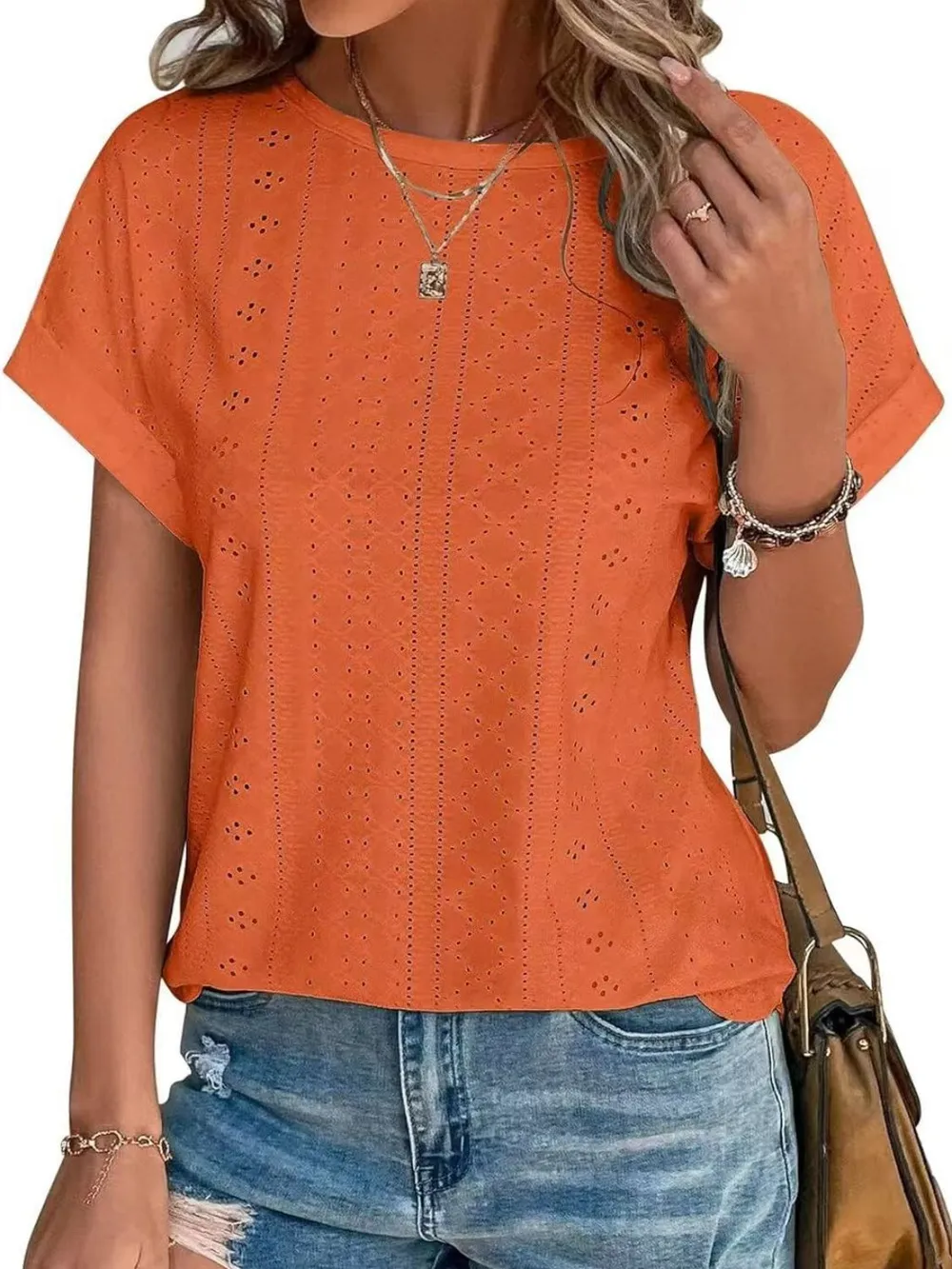 Eyelet Round Neck Short Sleeve Top, image 22