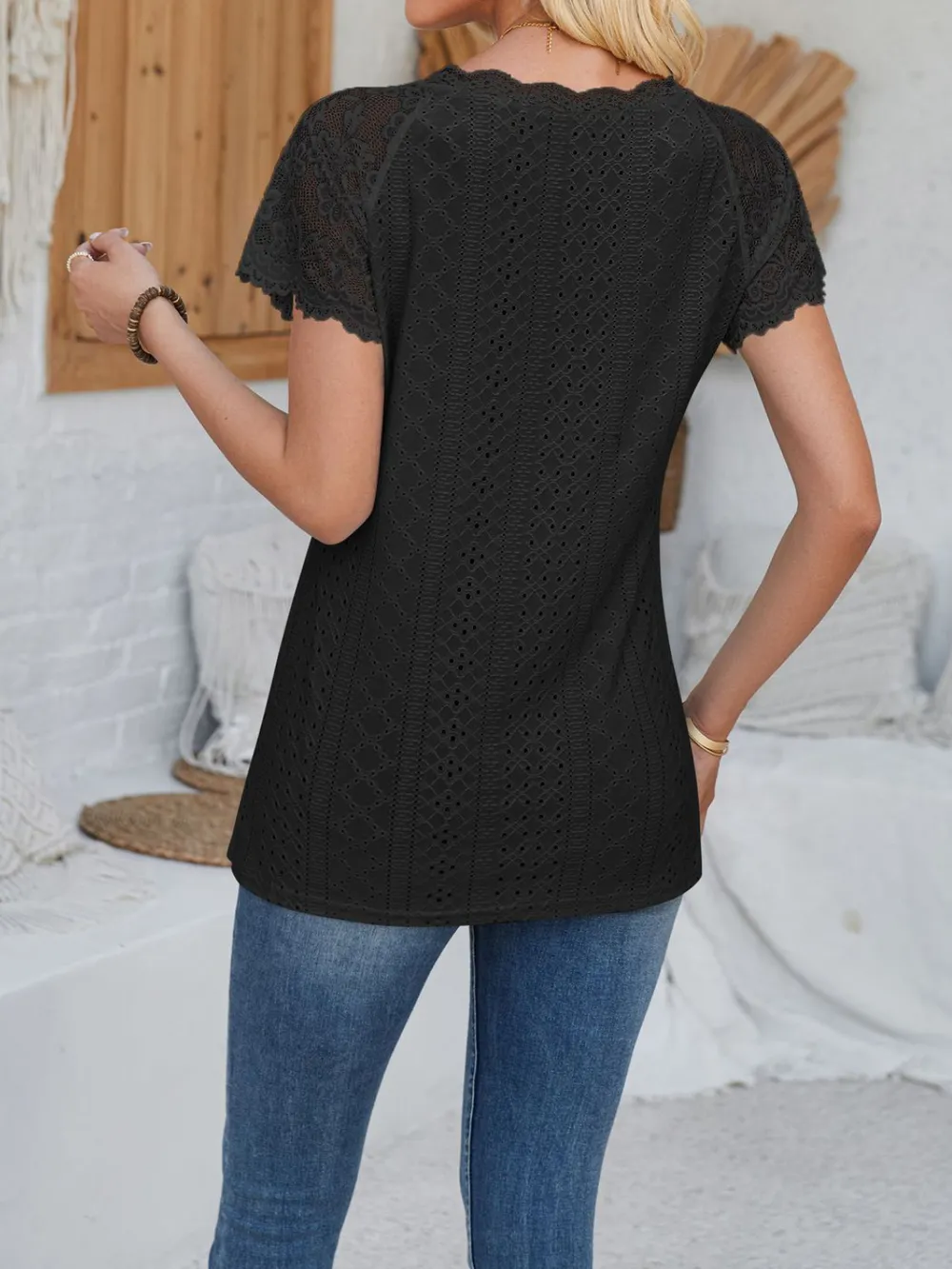 Eyelet Lace Detail V-Neck Short Sleeve Top, image 3