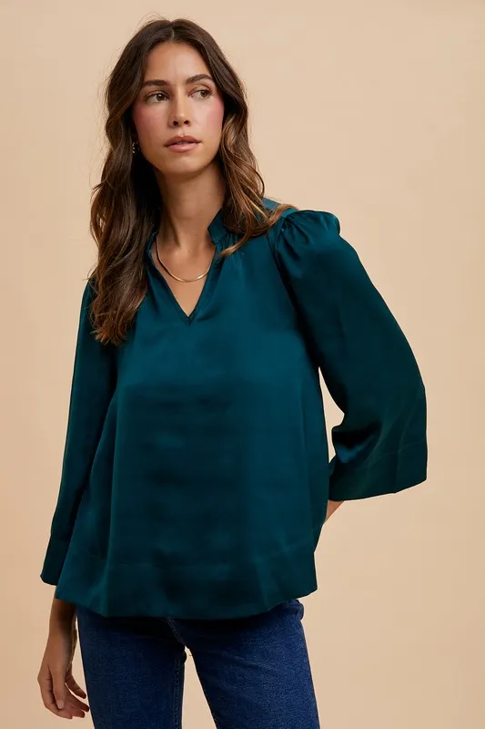 Satin Notched Three-Quarter Sleeve Blouse, image 4