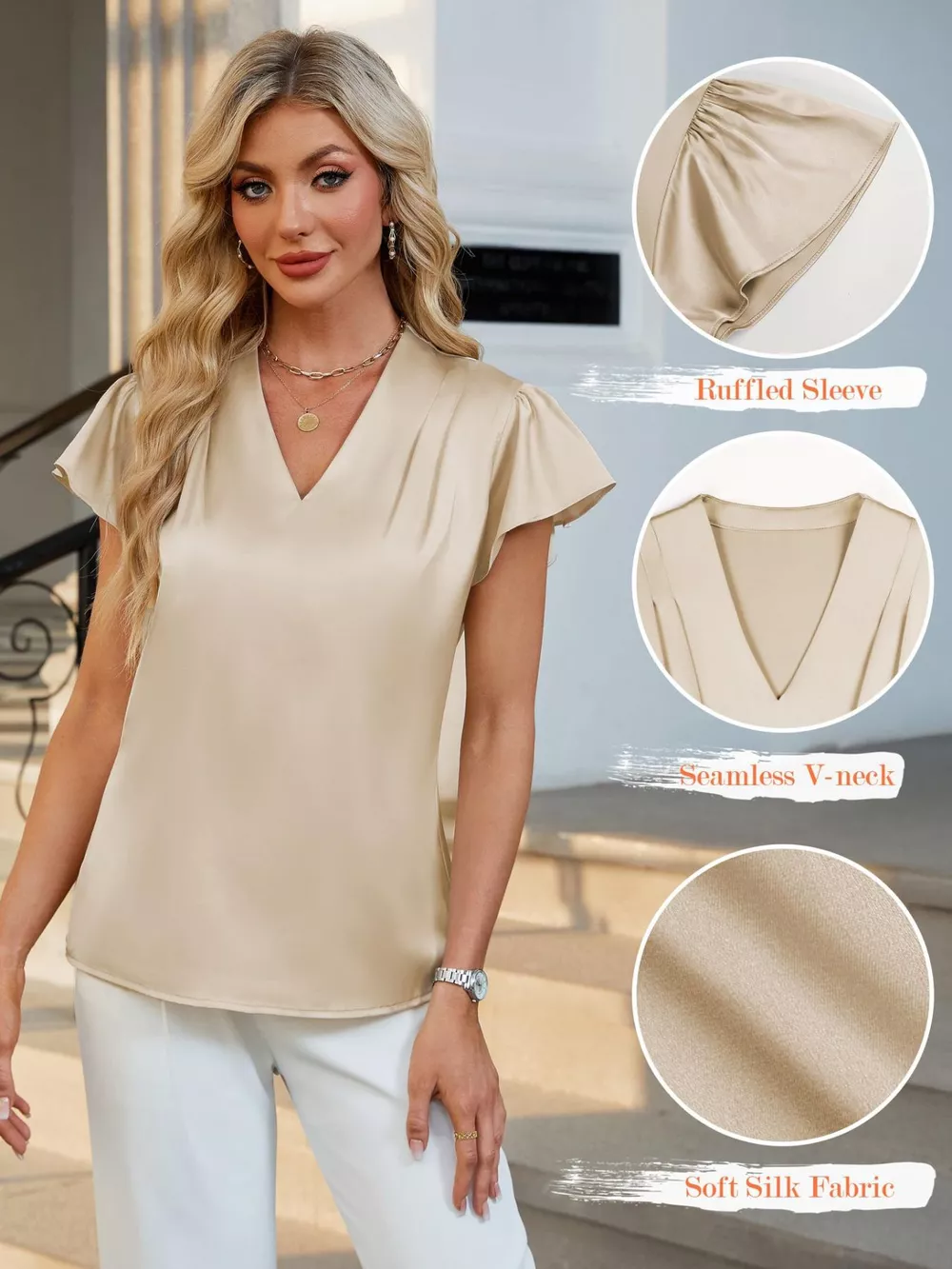Satin V-Neck Flutter Sleeve Blouse, image 2
