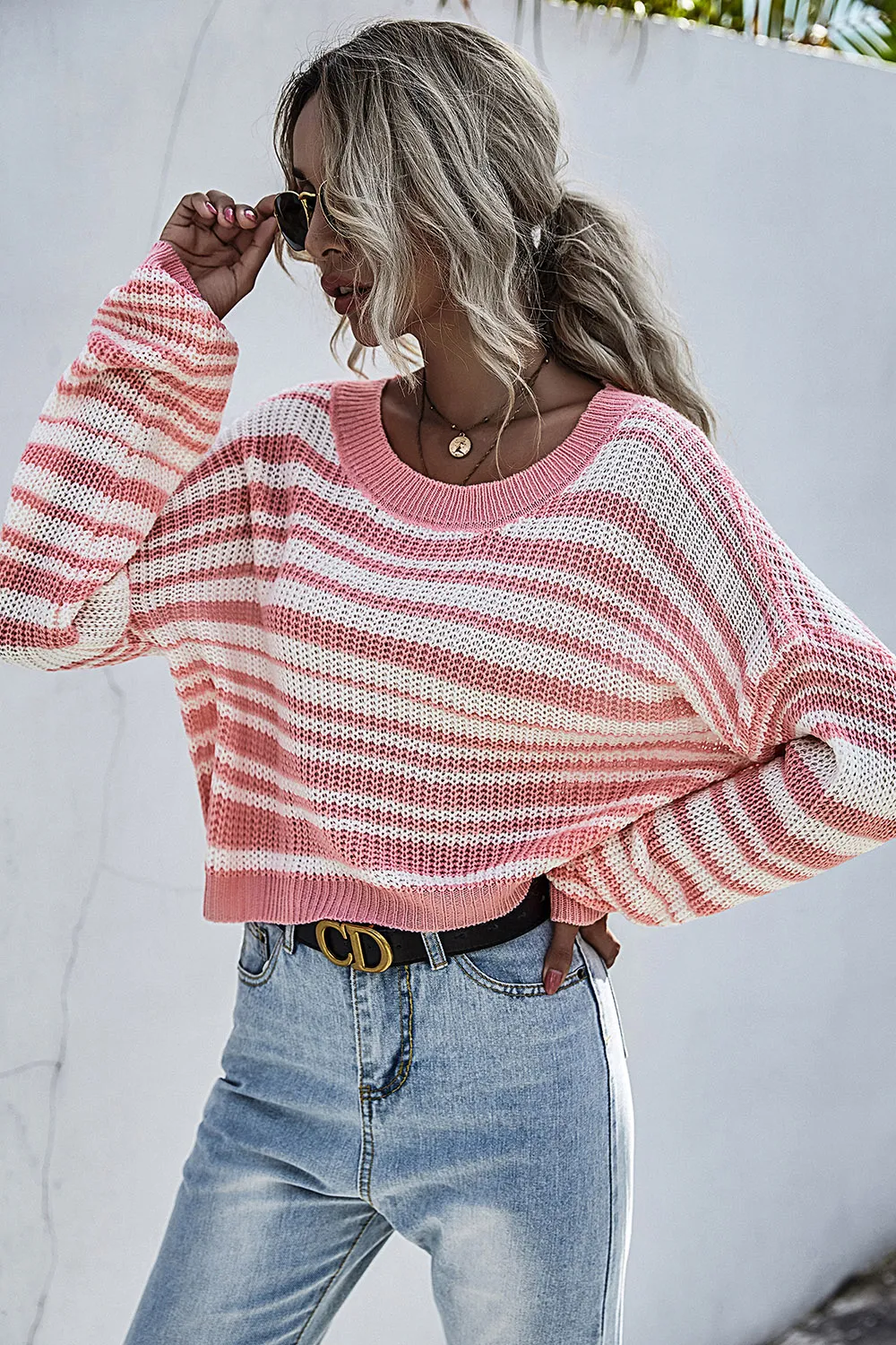 Striped Round Neck Dropped Shoulder Sweater, image 10