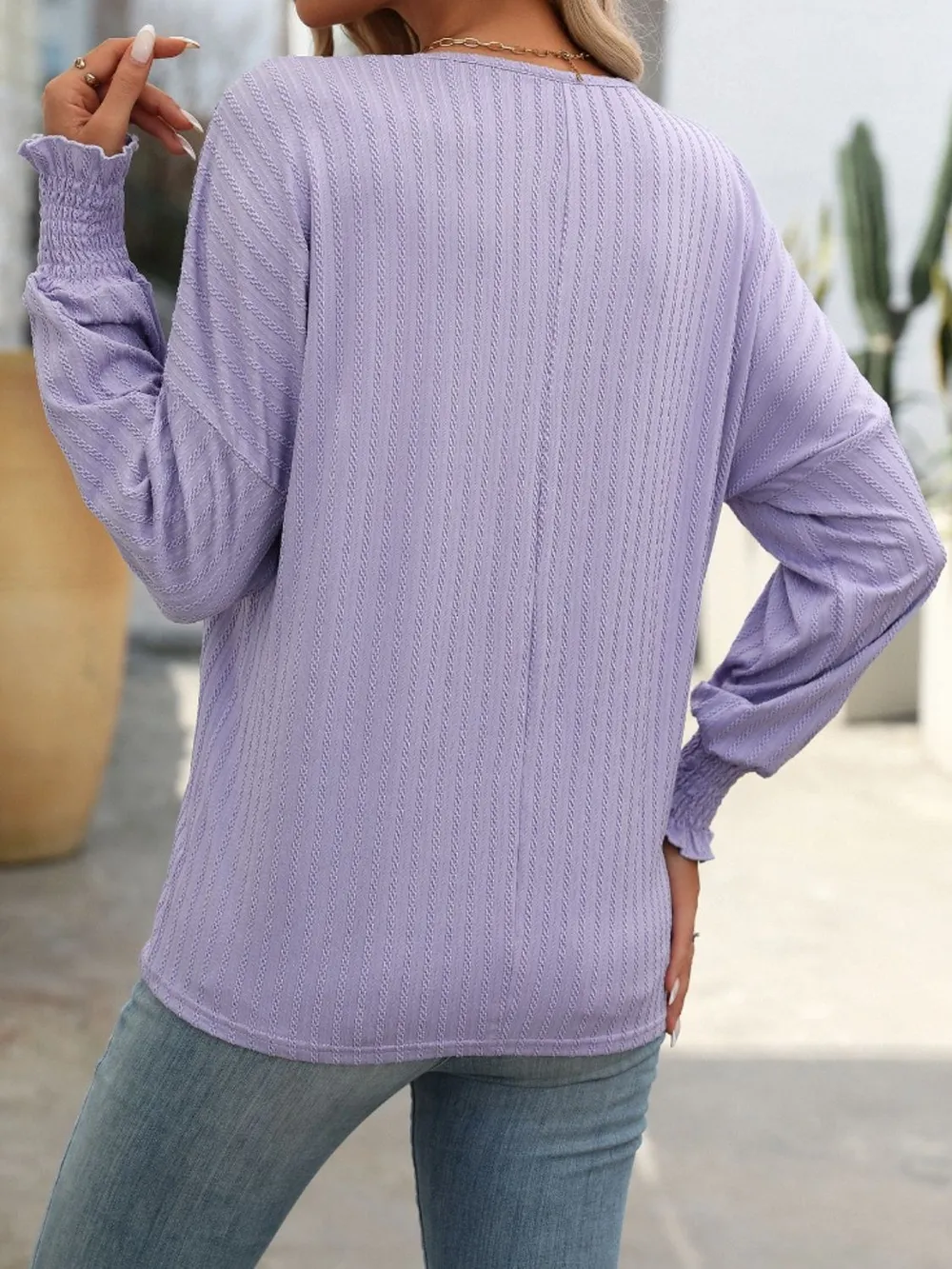 Textured Notched Lantern Sleeve T-Shirt, image 18