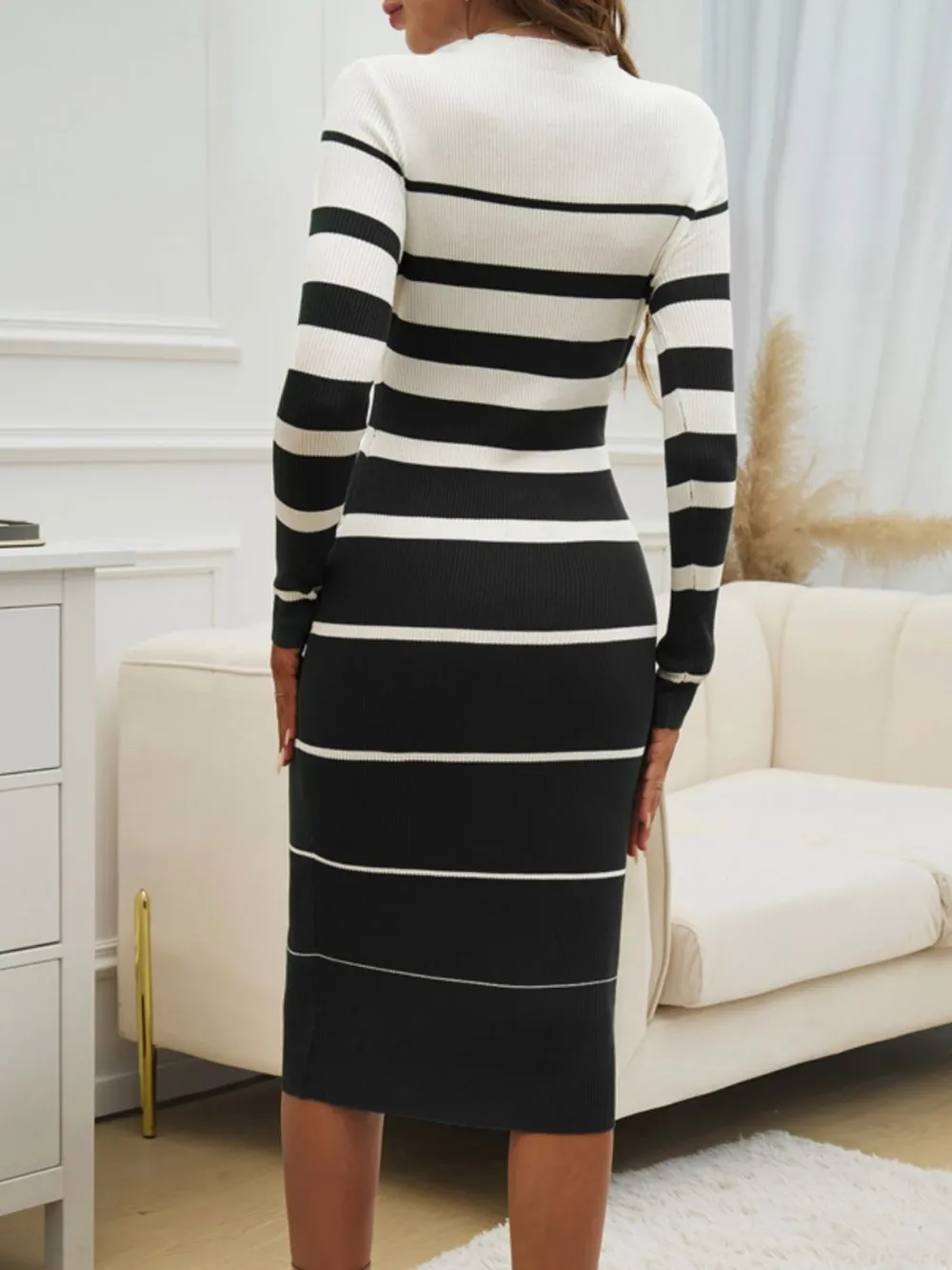Color Block Round Neck Long Sleeve Midi Dress, image 18
