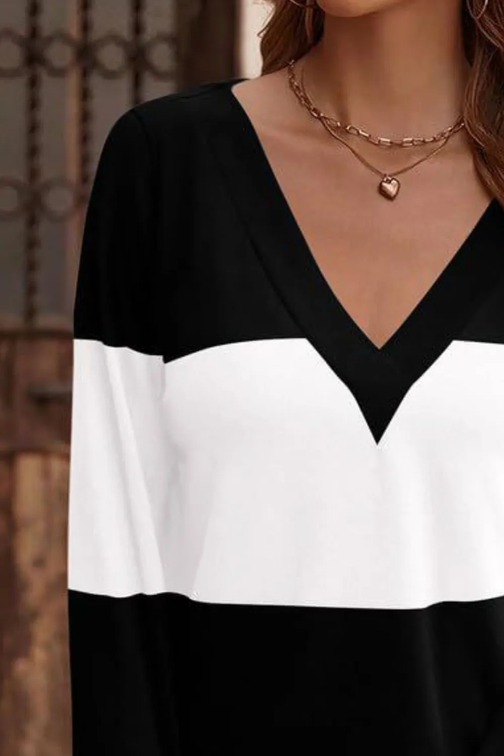 Decorative Button Contrast V-Neck Long Sleeve T-Shirt, image 13