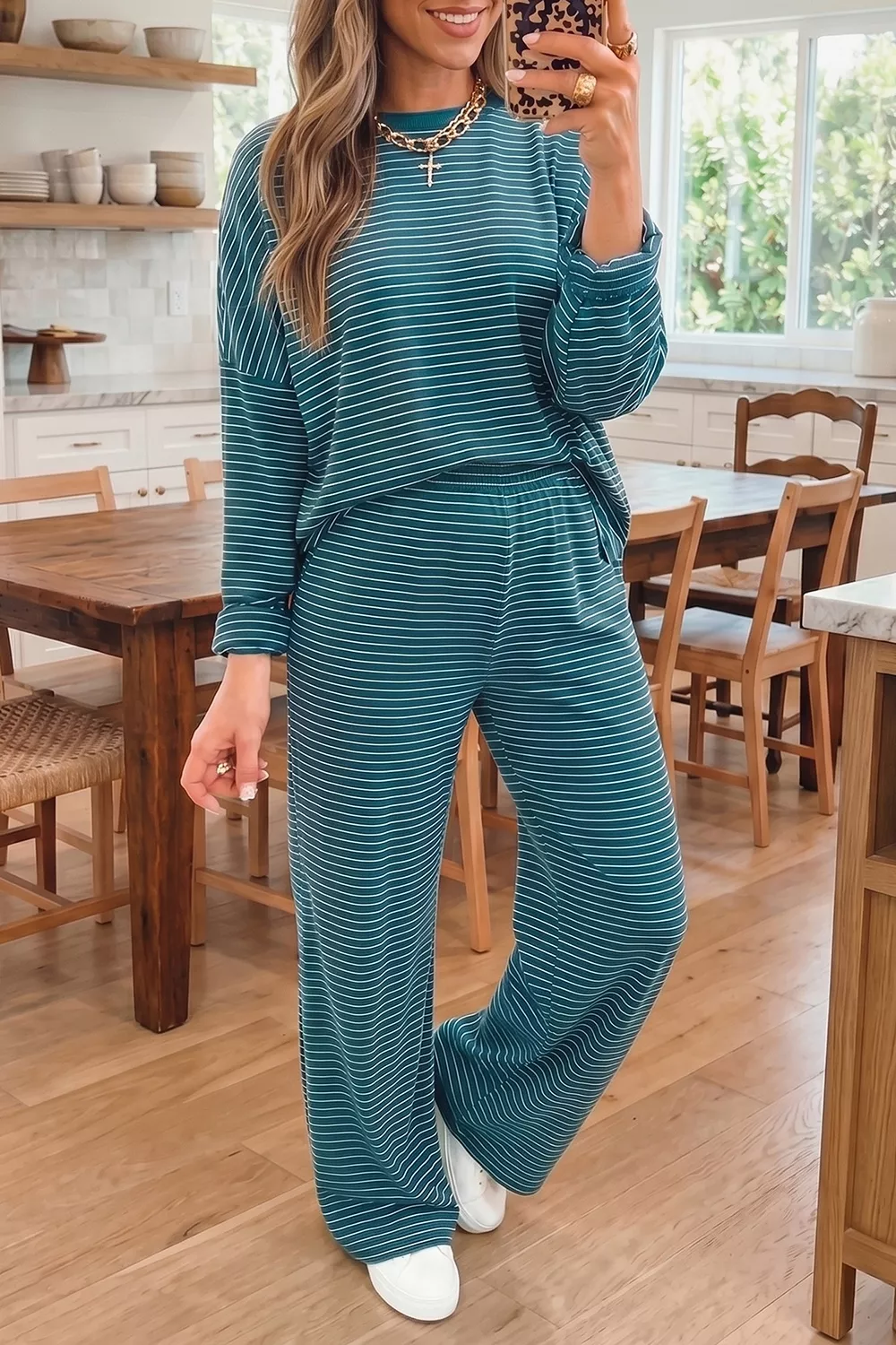 Stripe Dropped Shoulder Long Sleeve Top Elastic Waist Pants Casual 2pcs Set, image 4