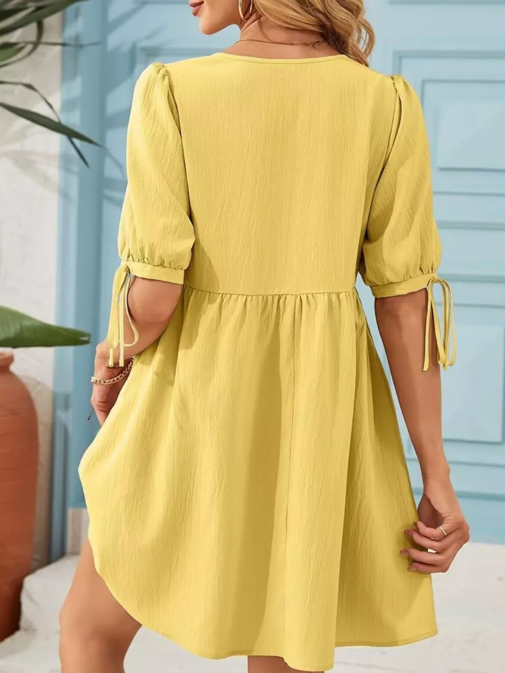 Tie-Neck Puff Sleeve A-Line Mini Dress, image 14